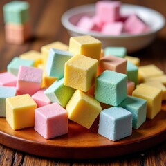 Colorful Pastel Cubes Arranged on a Wooden Plate in a Vibrant Display