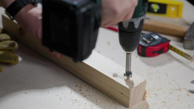 Skilled craftsman drilling wooden workpiece with precision