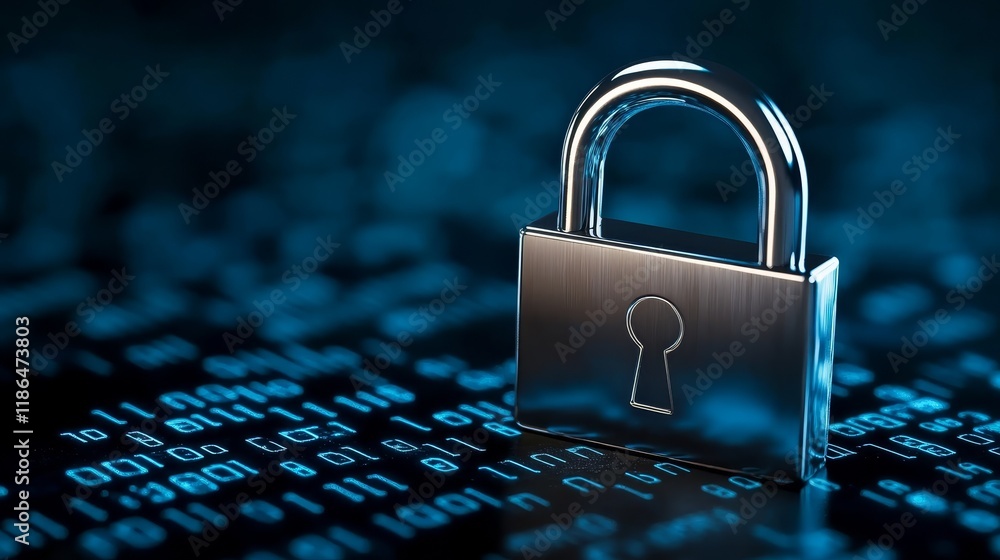 Poster enhanced cybersecurity, padlock on keyboard symbolizing data protection and online security measures