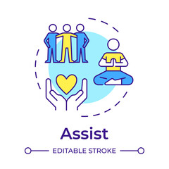 Assist multi color concept icon. Healthy lifestyle. Friendship, relationship. Meditation, healthcare. Round shape line illustration. Abstract idea. Graphic design. Easy to use in infographic