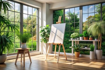 Obraz premium A blank canvas awaits in this minimalist home studio, furnished with modern pieces and calming greenery.