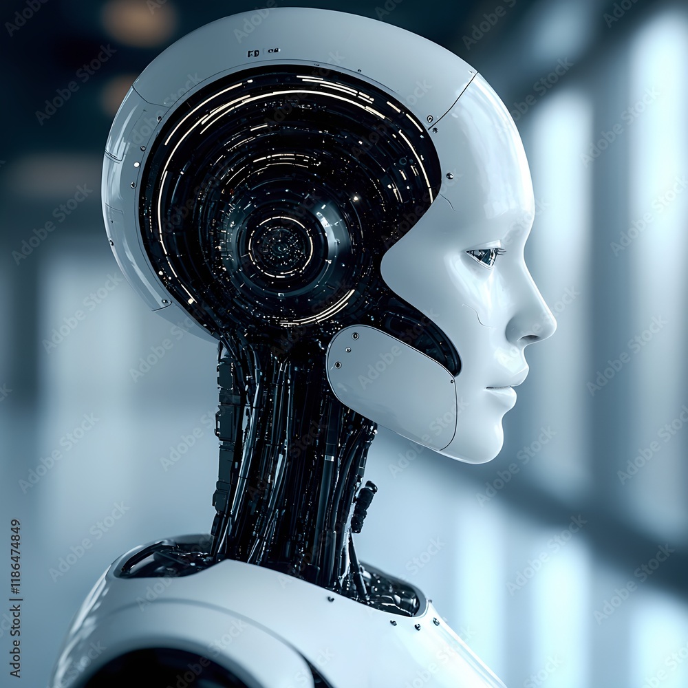 Poster futuristic robotics showcase technology lab digital art high-tech environment close-up human-ai inte