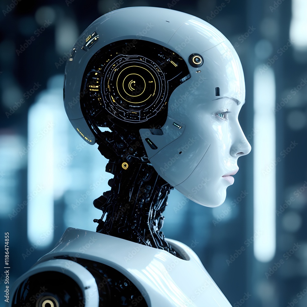 Poster futuristic robot portrait digital studio concept art sci-fi environment close-up view artificial int