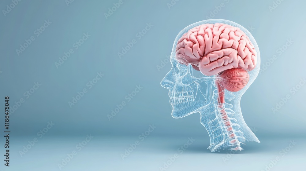 Poster human brain anatomy model illustrating complexity of structure and function with transparent skull v