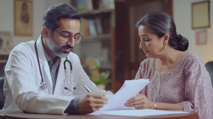 Indian male doctor consulting senior old patient filling form at consultation. Professional physician wearing white coat talking to mature woman signing medical paper at appointment visit in clinic.