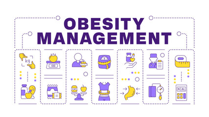 Obesity management word concept isolated on white. Calories calculating, healthy food. Creative illustration banner surrounded by editable line colorful icons. Hubot Sans font used