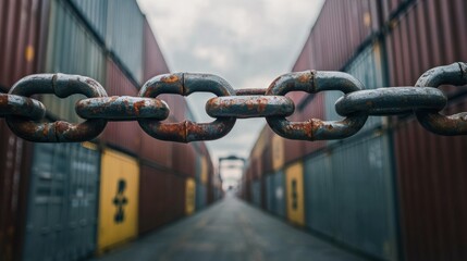 Rusty Chain and Shipping Containers: A close-up shot of a rusty chain in the foreground, with a blurred background of rows of shipping containers. The image evokes themes of logistics, global trade.