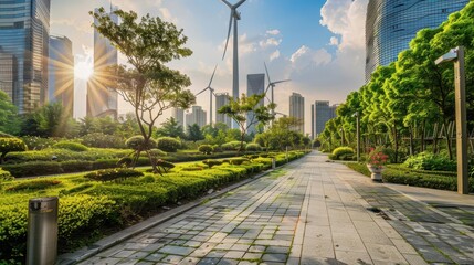 Obraz premium A serene urban park featuring wind turbines, greenery, and modern buildings under a bright sky.