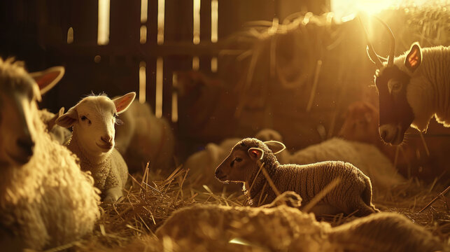 A nativity scene focusing on the animals in the stable with a warm glow