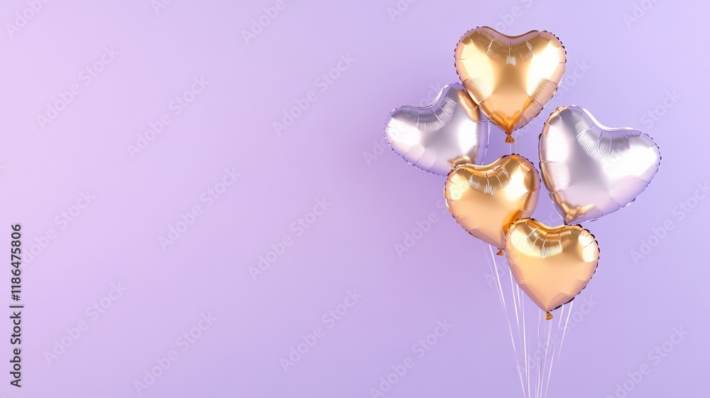 Poster bunch of heart shaped balloons floating against a pastel lilac backdrop, creating a festive atmosphe