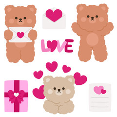 Valentine's Day Bear Stickers with Letters, Hearts, and Gift Boxes