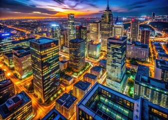 Obraz premium Aerial city at night, AI-generated. Glowing windows form a luminous, collaged dreamscape.