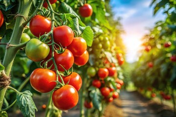 Aerial view: juicy red tomatoes bursting with flavor, straight from the vine.