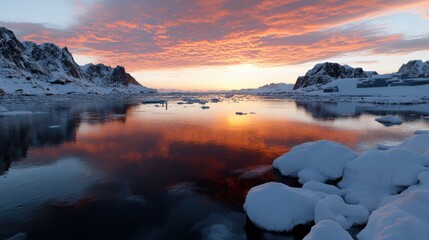 A tranquil Arctic scene unfolds with vibrant orange skies reflecting over ice-covered waters, where floating icebergs create a mesmerizing panorama.