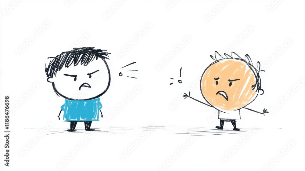Poster two cartoon characters expressing anger in a simple drawing style with emphasis on conflict