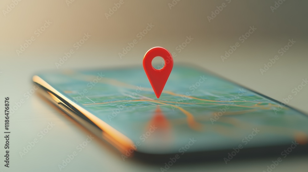 Poster Smartphone displaying map with red pin pointing current location, symbolizing gps navigation and location services for travel and route planning