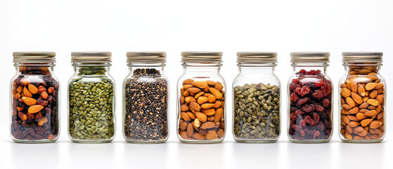 Healthy snacks in glass jars including nuts, seeds, and dried fruits, neatly arranged on white background.