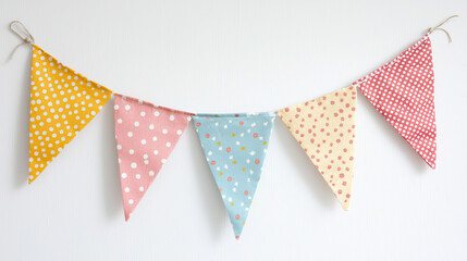 Fototapeta premium Colorful Party Pennant Triangles Isolated on White Background, Featuring Vibrant Multicolor Flags in a Festive Arrangement, Perfect for Celebrations, Events, and Party-Themed Design Projects