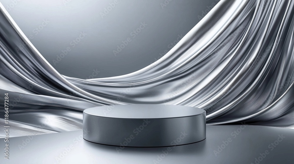 Poster sleek 3d podium in empty space with flowing silver fabric background