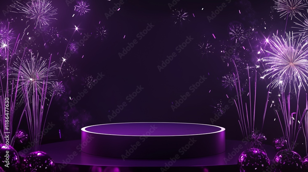 Poster sleek 3d podium surrounded by fireworks in a large empty space