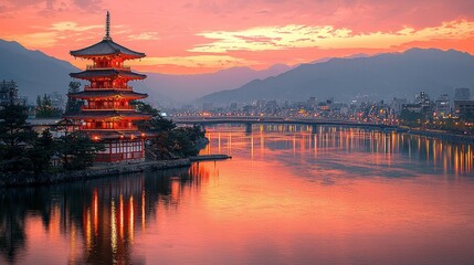 Naklejka premium Stunning Sunset over Japanese Pagoda and Cityscape
