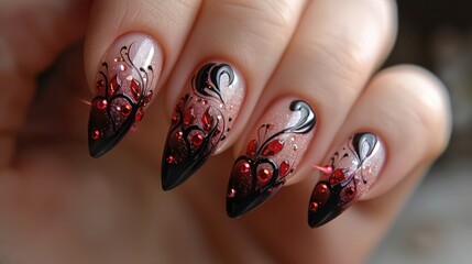  Beautiful nail art designs with elegant lines and detailed textures, clear focus in HD quality, against a soft-toned background.