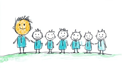 Happy Group of Cartoon Characters with a Smiling Leader Standing Together on a Green Hill in Childlike Drawing Style