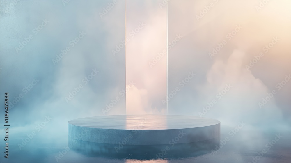 Poster sleek 3d podium surrounded by ample empty space with misty atmosphere