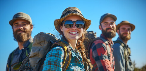 Fototapeta premium group of friends smiling and ready for an adventure, dressed in casual attire with backpacks on their backs against the blue sky