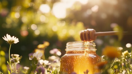 Golden Honey Drizzle:  A rustic jar of golden honey is drizzled with a wooden honey dipper, bathed in warm sunlight amidst a field of blooming wildflowers.