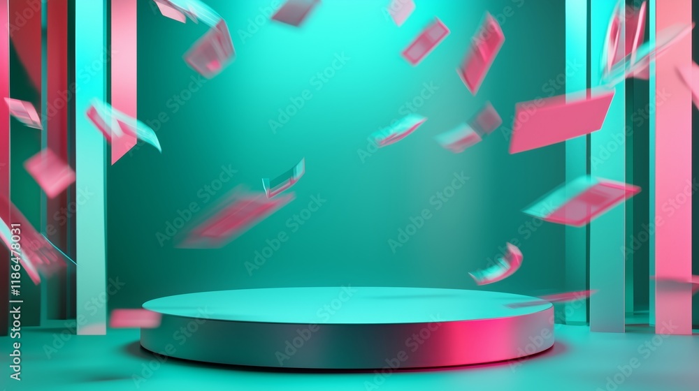 Poster modern 3d podium in empty space surrounded by colorful floating papers