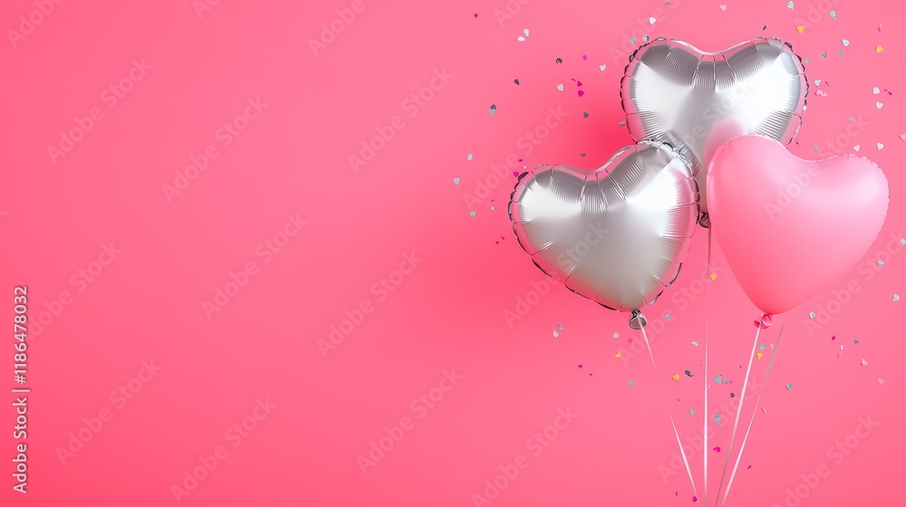 Poster two silver and one pink heart shaped balloons floating on a pink background with colorful confetti c