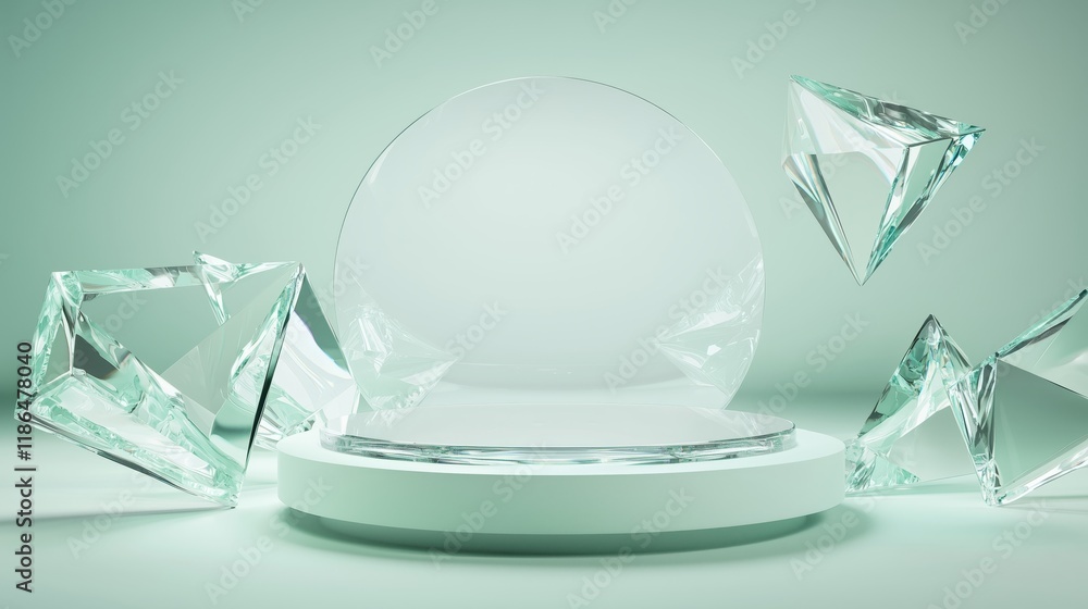 Poster modern 3d podium design with empty space and floating crystal shapes