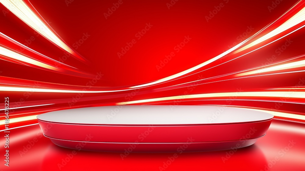 Poster sleek 3d podium with ample empty space framed by dynamic red background