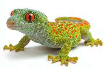 Fototapeta premium A vibrant green gecko with bright orange spots and striking red eyes, showcasing its distinctive coloration and unique features.
