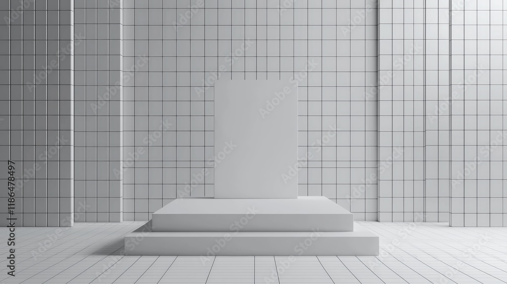 Poster modern 3d podium in empty space surrounded by grid tiles and ample light