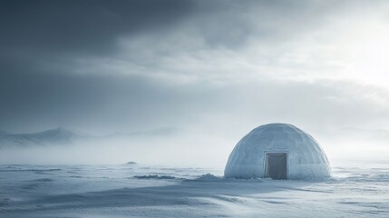 Igloo in snowy, arctic landscape under dramatic sky.