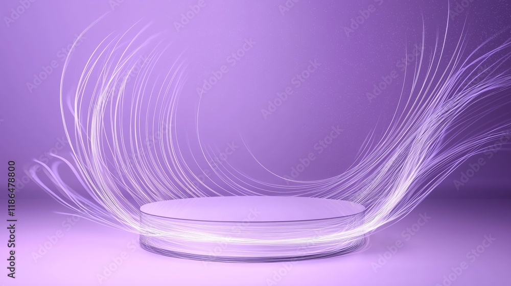 Poster elegant 3d podium in large empty area with soft violet lighting effects