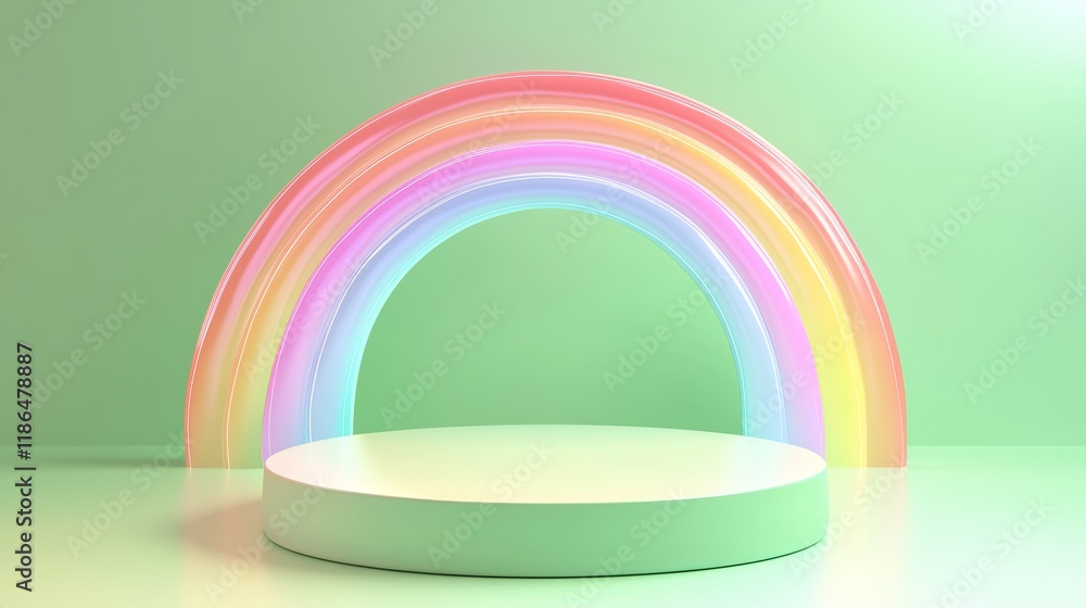 Poster elegant 3d podium with ample empty space and colorful rainbow element