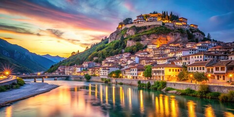 Obraz premium Berat castle: a stunning summer long exposure, Osum River panorama showcasing Albania's ancient charm.