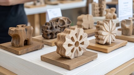 A display of intricately carved wooden sculptures in a craft fair booth, showcasing the skill and creativity of local artisans.