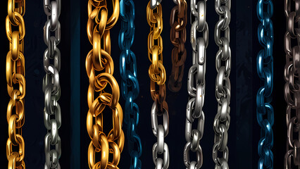 An abstract illustration of a chain-themed background with interlocking metallic links, glowing in vibrant shades of gold and silver, set against a dark, textured backdrop that fades into deep blue an