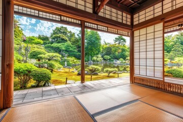 Fototapeta premium A serene view of a traditional Japanese garden from a tatami room, showcasing nature's tranquility.