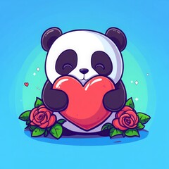 Obraz premium Adorable Panda Bear Holding Heart with Roses Valentine s Day Illustration Cute Cartoon Animal
