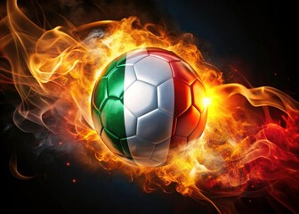 Naklejka premium Burning soccer ball symbolizes Italy-Mexico clash; conceptual photo captures fiery football intensity.