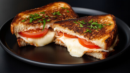 Crispy grilled cheese sandwich with melted cheese and fresh tomato slices spilling out, elegantly arranged on a matte black plate.