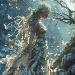 The graceful butterfly goddess is in the tranquil forest, her wings are a kaleidoscope of natural colors, symbolizing transformation and beauty in the blooming flowers and whispering grass.