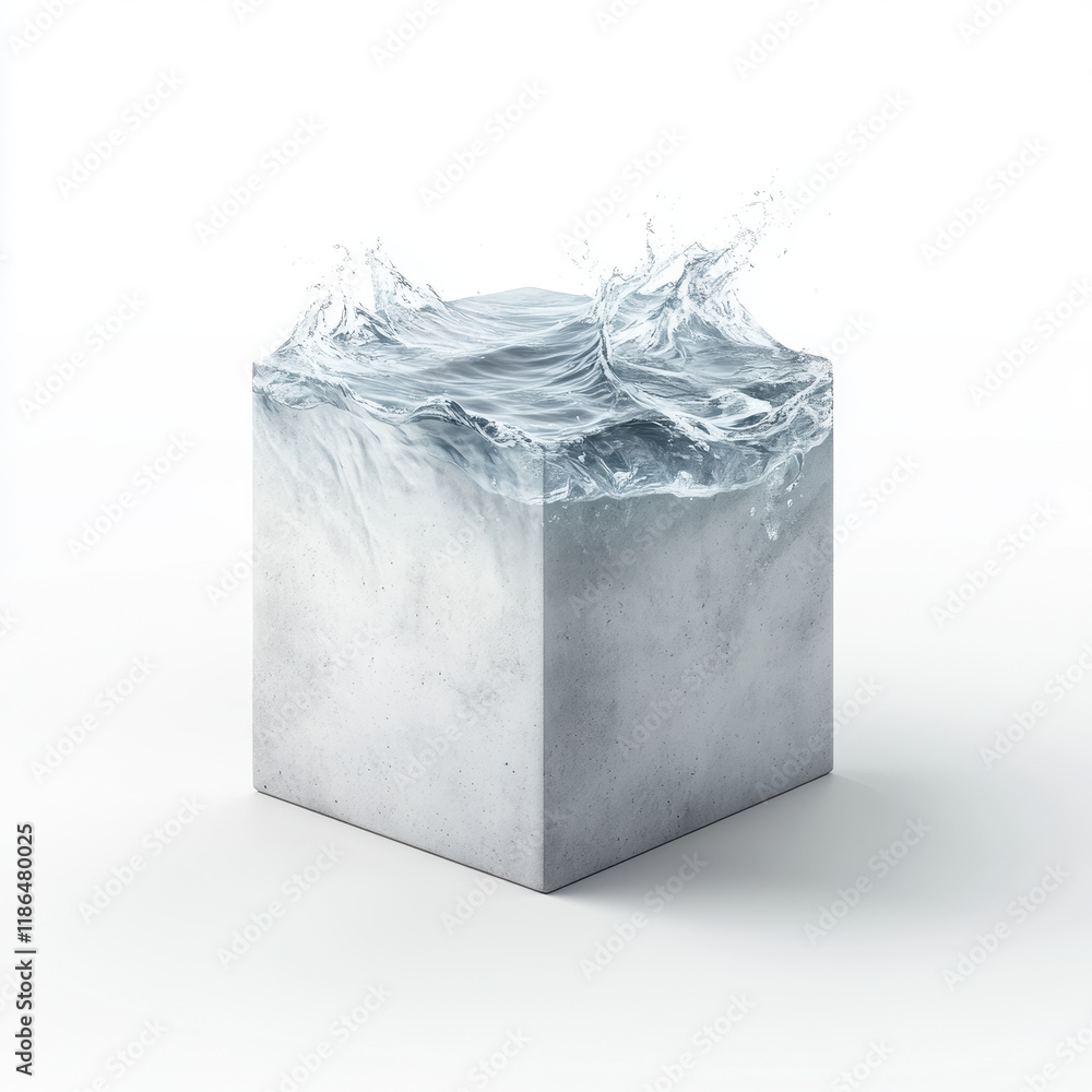 Poster surreal cube with flowing water edges, creating unique visual effect