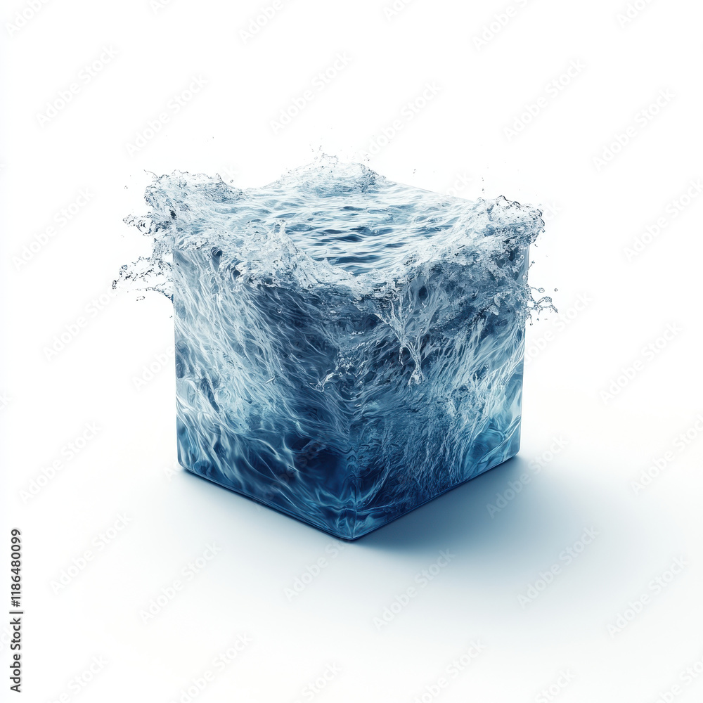 Poster surreal cube with flowing water edges, creating mesmerizing effect