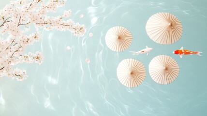 Fototapeta premium A serene Japanese garden with traditional paper umbrellas placed beside a koi pond